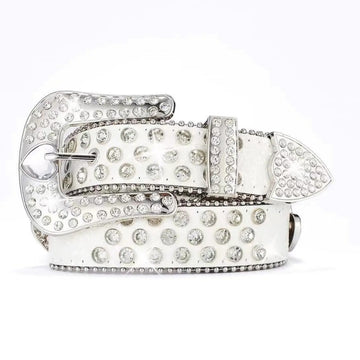 Diamond Heart Rhinestone Belt – Clear Heart Buckle with White Strap