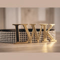 Gold-tone letter belt buckle on rhinestone-studded belt strap