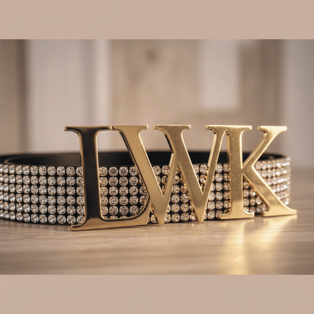 Gold-tone letter belt buckle on rhinestone-studded belt strap