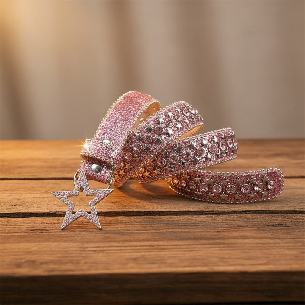 Pink rhinestone glitter belt with star charm and three-part rhinestone buckle strap
