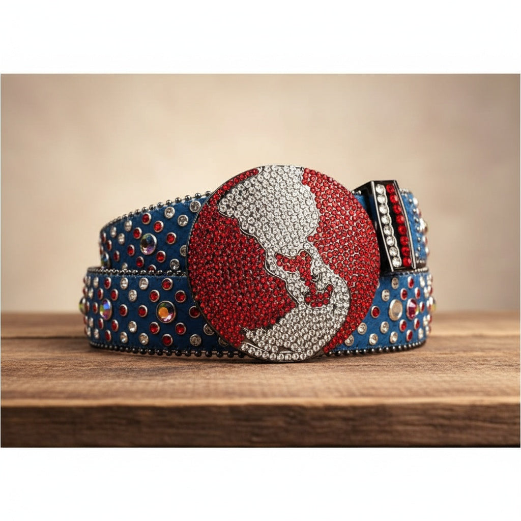 Blue studded rhinestone belt with red-silver globe buckle and metal side trims