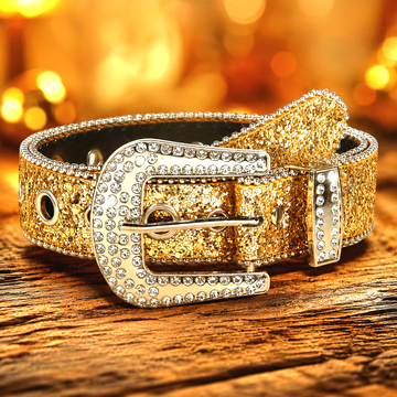 Gold glitter rhinestone belt with gold strap and rectangular rhinestone buckle