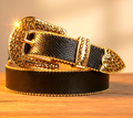 Black belt with gold rhinestone-studded buckle and pointed tip