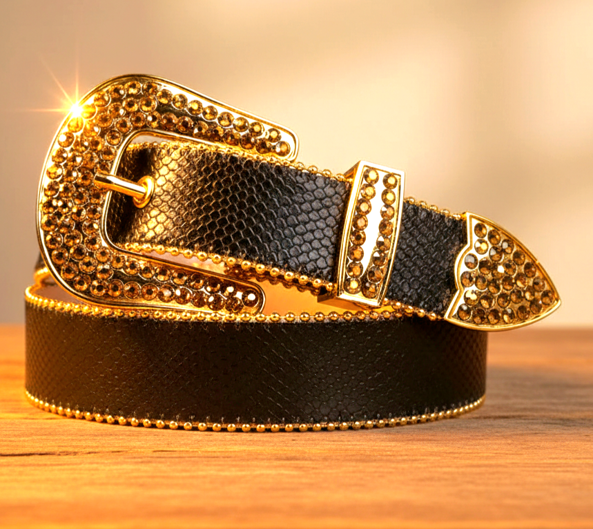 Black belt with gold rhinestone-studded buckle and pointed tip