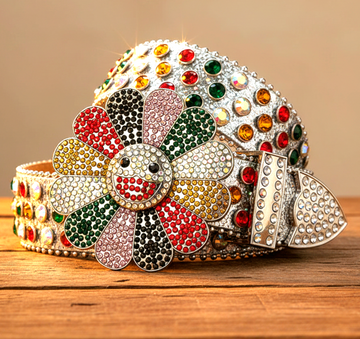 Rhinestone flower buckle belt with multicolor stones on silver strap