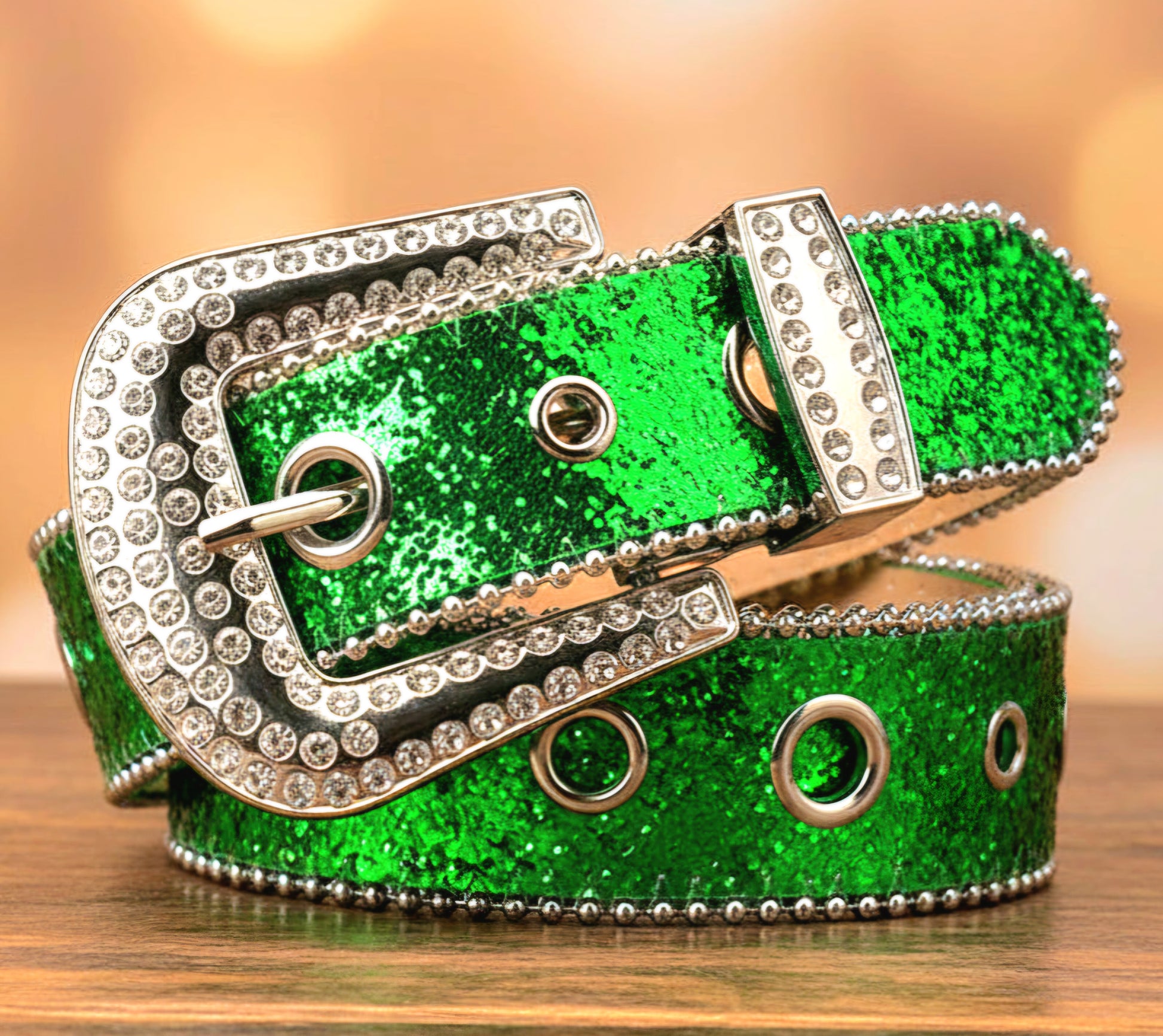 Green glitter western belt with silver rhinestone buckle and metal D-rings