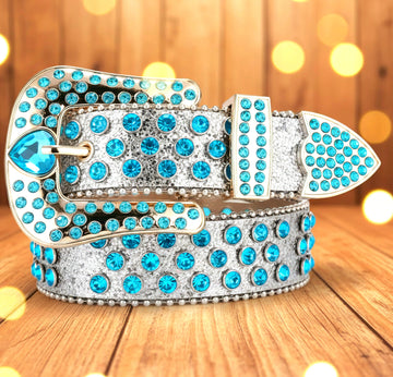 Blue crystal rhinestone belt with heart buckle and silver-studded strap