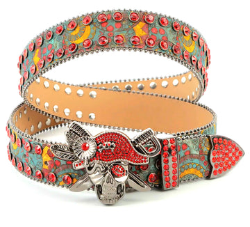 Red Pirate Skull Buckle Rhinestone Belt