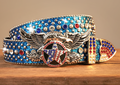 Blue rhinestone belt with eagle emblem and star buckle, silver trim and blue stones.