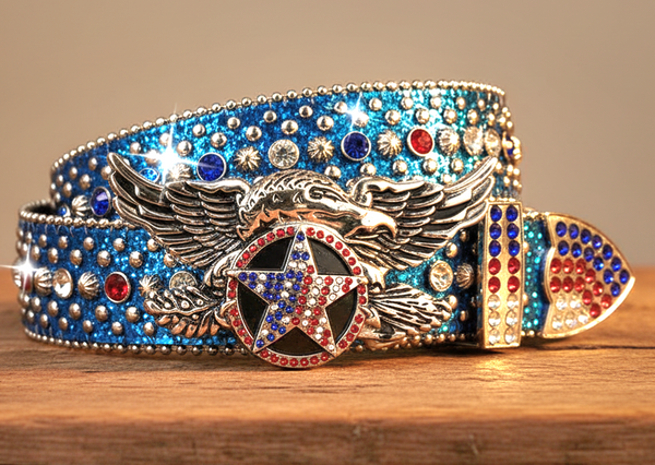 American Eagle Star Blue, White & Red Rhinestone Blue Belt
