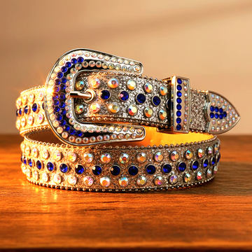 Blauer und chromatischer Strass mit silbernem Glitzerband Strassgürtel