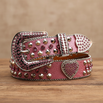 Pink Heart Rhinestone Belt with Pink Glitter Belt – Luxury Handmade Designer Gift Bling