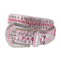 Pink belt with silver and red gemstones on a white background