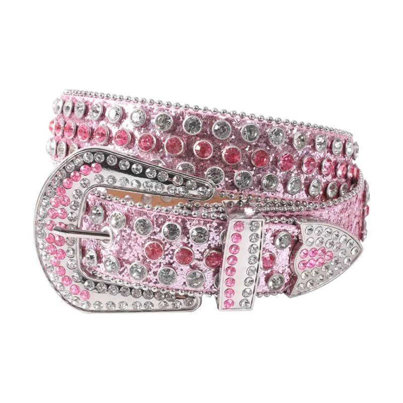 Pink belt with silver and red gemstones on a white background
