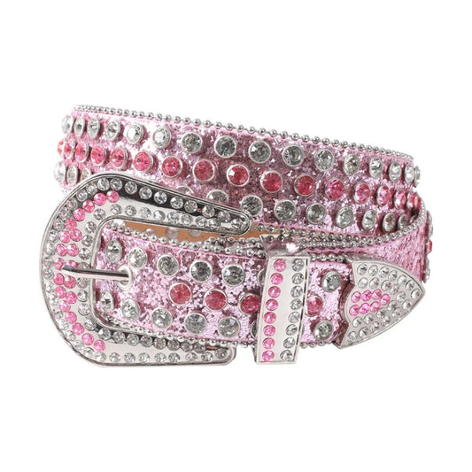 Pink belt with silver and red gemstones on a white background