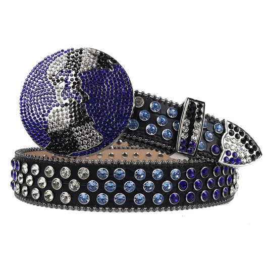 Globe Buckle Rhinestone Belt with Blue Glitter Strap