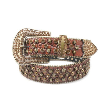 Gold Rhinestone Belt with Starburst and Crystal Studs on Brown Strap