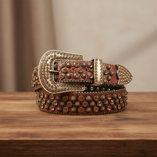Gold Rhinestone Belt with Starburst and Crystal Studs on Brown Strap