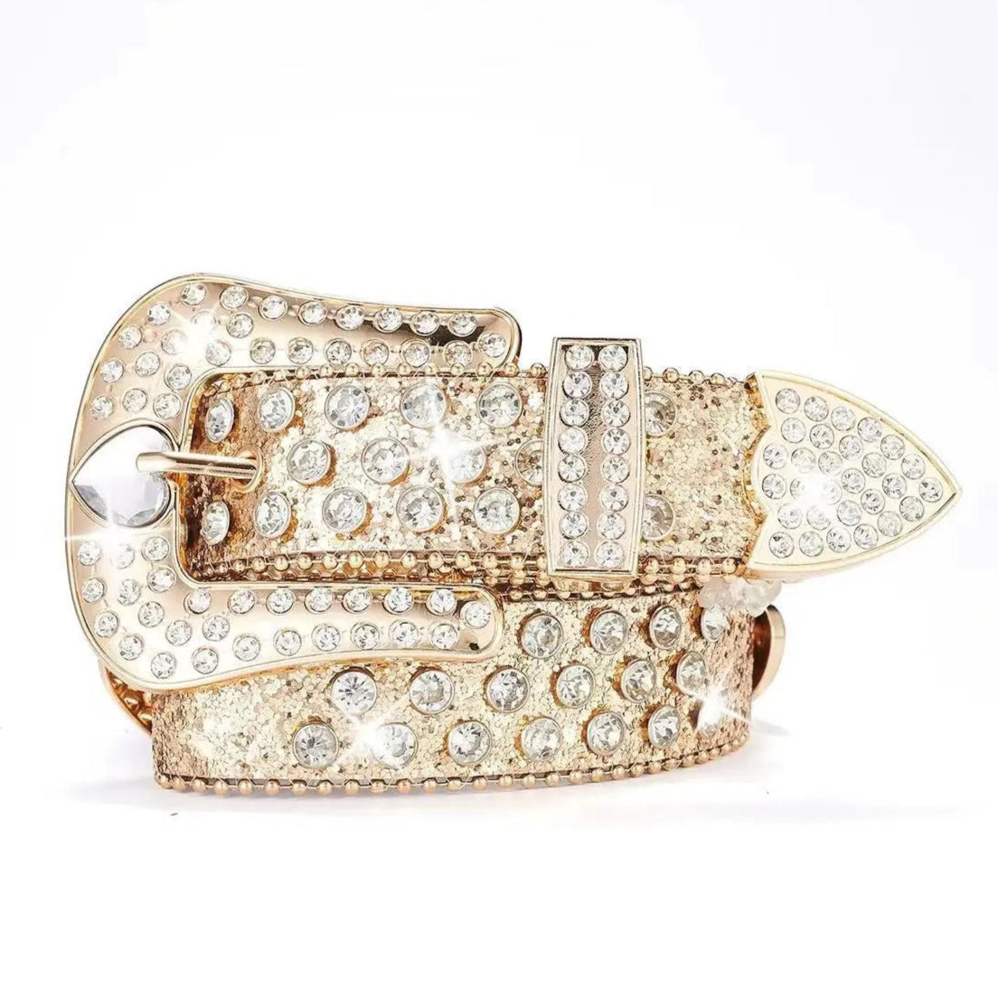 Gold Rhinestone Belt – Clear Heart Buckle with Gold Glitter Strap