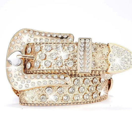 Gold Rhinestone Belt – Clear Heart Buckle with Gold Glitter Strap