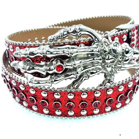 Silver Skeleton Hand Rhinestone Belt Red Strap