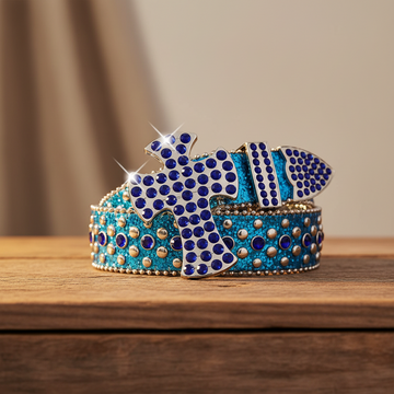 Blue Cross Buckle Rhinestone Belt – Luxury Handmade Designer Gift Bling Men Women
