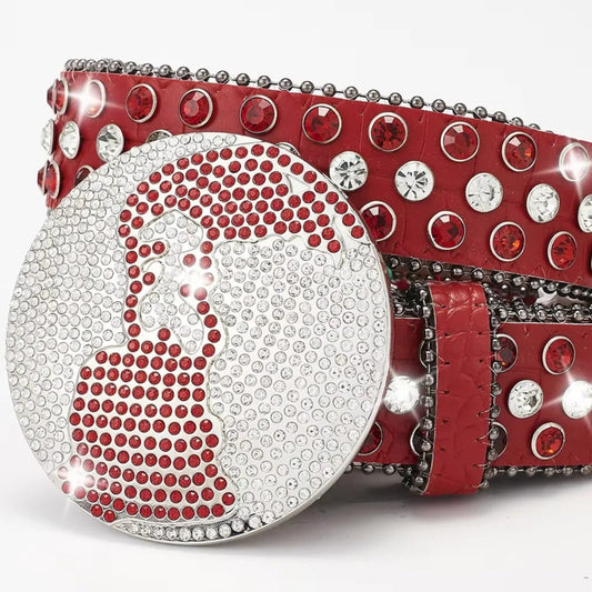 Globe Buckle with Red and Silver Studs Rhinestone Belt