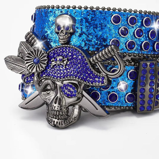 Blue Pirate Skull Buckle Rhinestone Belt