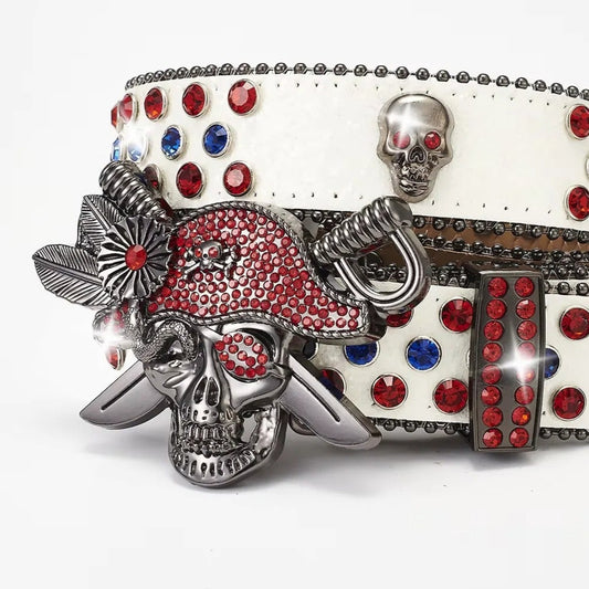 Red & White Pirate Skull Buckle Rhinestone Belt