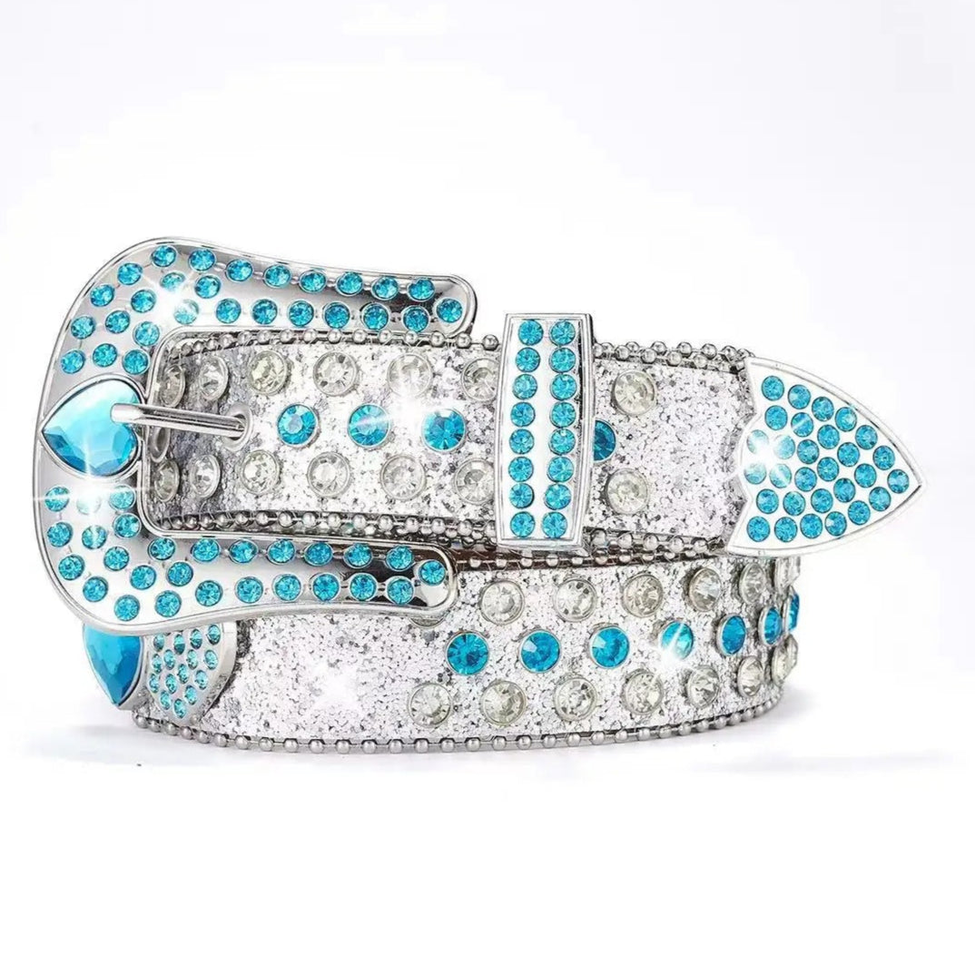 Blue Heart Rhinestone Belt – Silver Glitter Western Statement Style