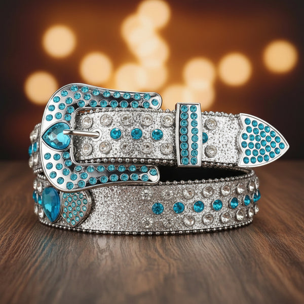 Baby Blue Heart Rhinestone Belt Silver Glitter – Luxury Handmade Designer Gift Bling Men Women