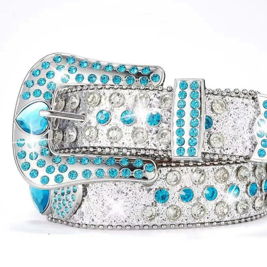 Blue Heart Rhinestone Belt – Silver Glitter Western Statement Style