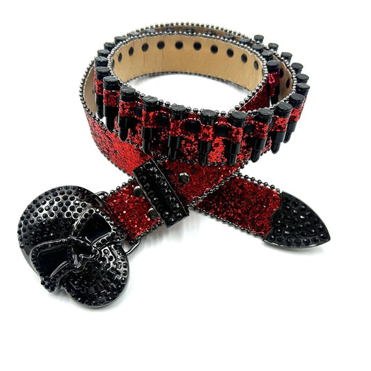 Black Skull Rhinestone Belt with Bullets Red Strap