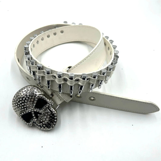 Skull Rhinestone Belt with Bullets White Strap